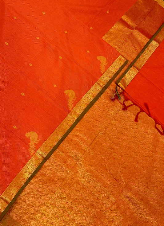 Semi Silk soft Cotton Sarees | vairaoosi X parrot x tiny zari border | orange X green X gold | NKV11