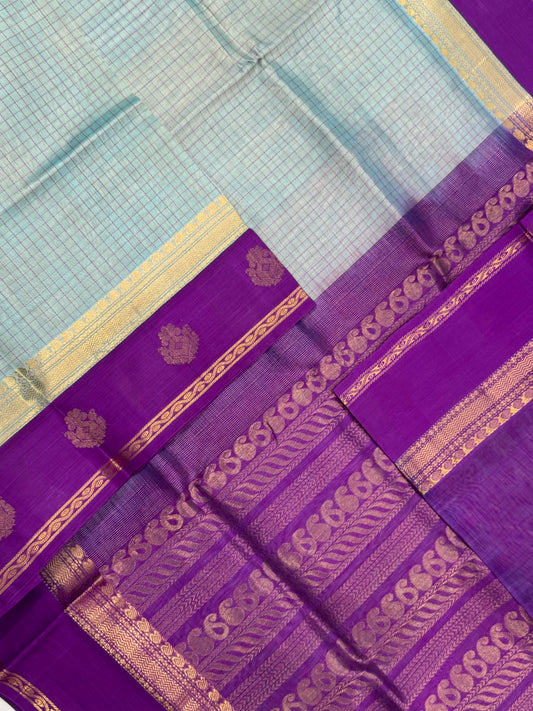 Korvai Kanchi Silk Cotton Sarees | pastel blue x violet | kattam | NKV31