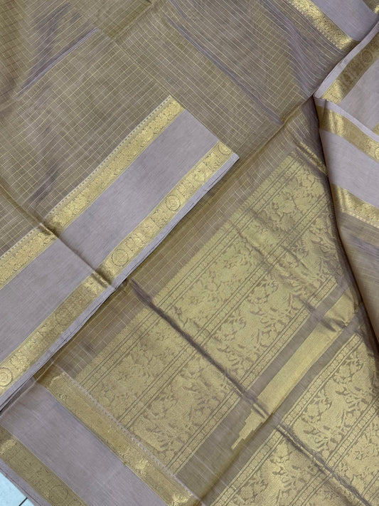 Kanchi Silk Cotton Sarees | zari kattam x rettaipet border | pastel peach X gold m