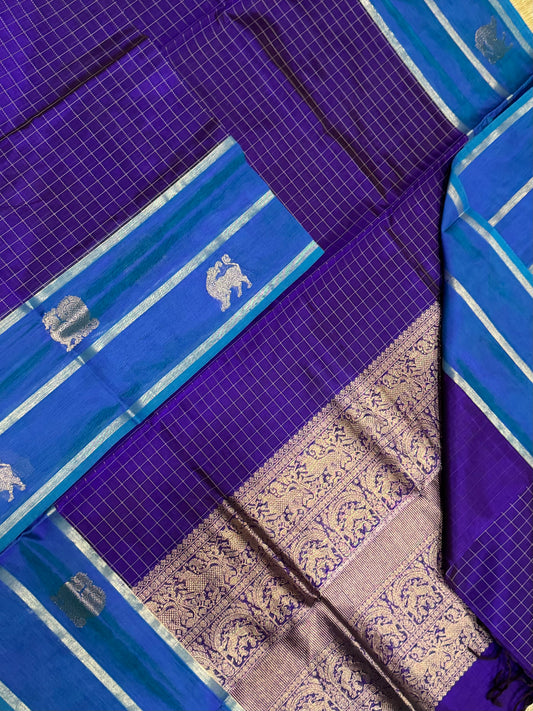 kanchi silk cotton | kattam X Zari yhazli border | blue x gold