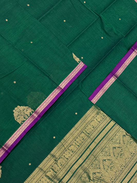 Pure Handloom Kanchi rich Cotton Saree | tiny Zari border X  mayil butta| green X violet | intricate Zari woven mayil Pallu