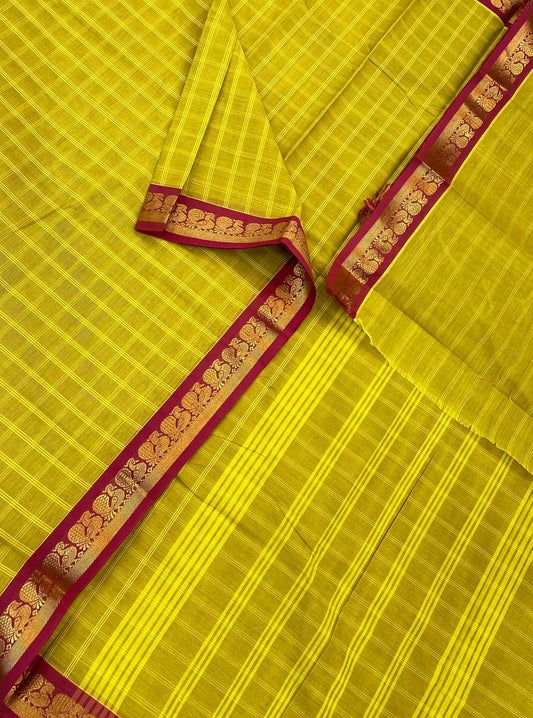Kanchi soft cotton | Zari tiny border | yellow x pink