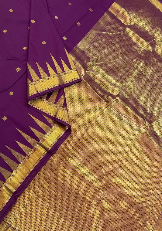 Semi Silk soft Cotton Sarees | temple X Zari border | violet X gold | NKV11