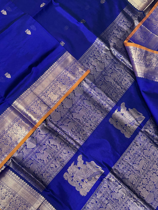 Kanchi Silk Cotton Sarees | VeeraShivaji motifs pallu x rich eruthalapakshi border| royal blue X mustard yellow