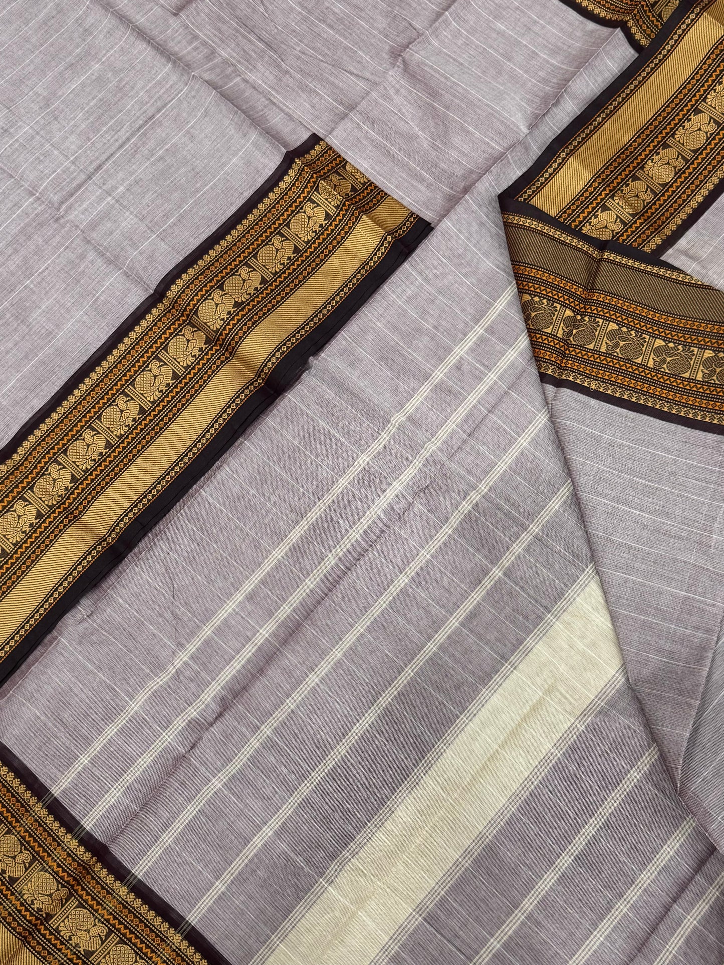 Kanchi soft cotton | butta x thread woven border | grey X brown