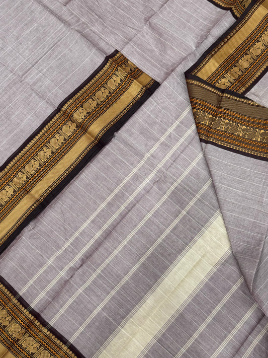 Kanchi soft cotton | butta x thread woven border | grey X brown