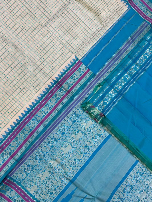 Pure Kanjivarams | korvai zero zari | 1000 BUTTA X Annam chakram |cream x blue | Handwoven luxury x 4 ply master weave | NKV35