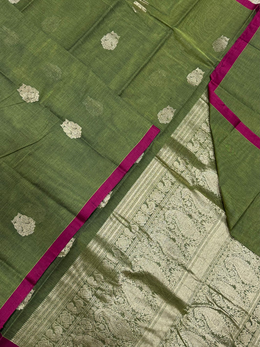 Pure Handloom Kanchi rich Cotton Saree | Zari eruthalapakshi motif X borderless |parrot green X pink