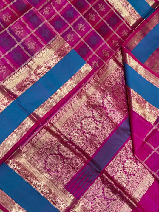 kanchi silk cotton | 1000 kolam BUTTA X rettaipet border | pink X sky blue