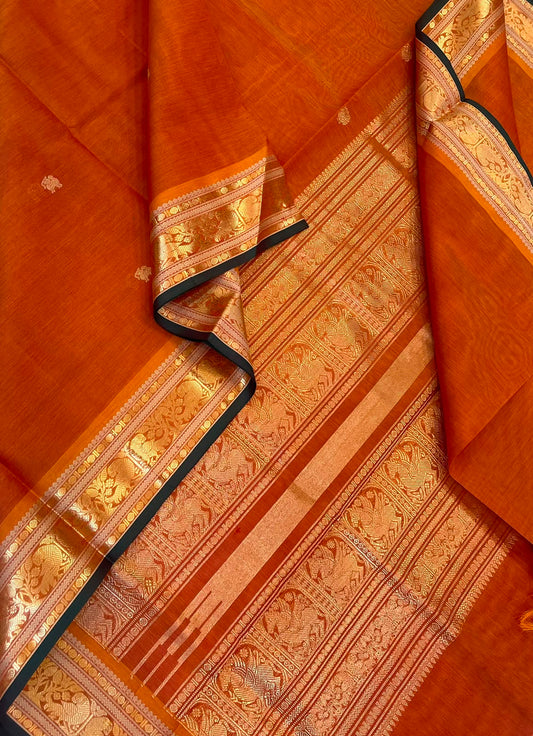 Kanchi Silk Cotton Sarees | vertical tiny yhazli motif X  small zari border| orange X green