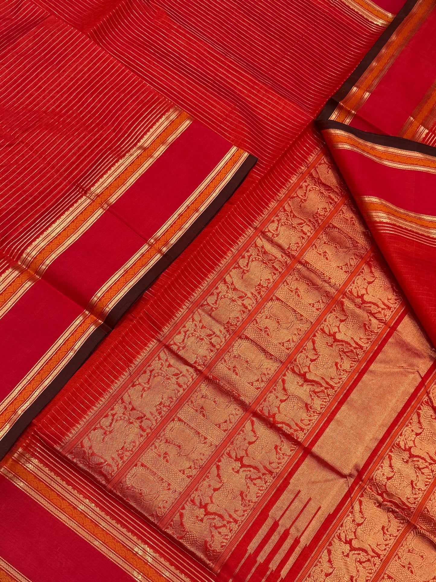 Kanchi Silk Cotton Sarees | rich oosivanam veldhari X rettaipet border | orange