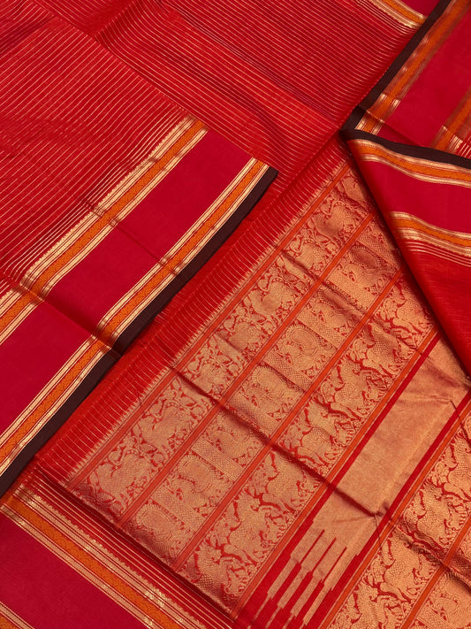 Kanchi Silk Cotton Sarees | rich oosivanam veldhari X rettaipet border | orange