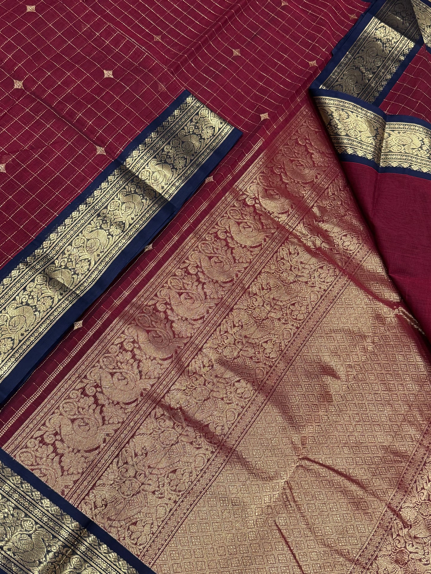 Kanchi handloom rich cotton | Zari check BUTTA X  Zari border | marron X blue