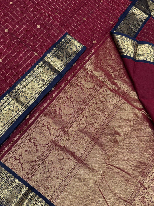 Kanchi handloom rich cotton | Zari check BUTTA X  Zari border | marron X blue