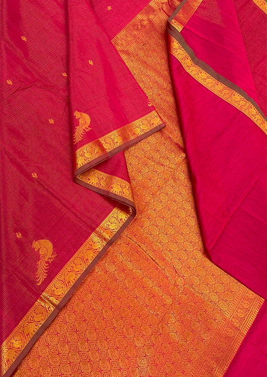 Semi Silk soft Cotton Sarees | vairaoosi X parrot x tiny zari border | pink X gold | NKV11