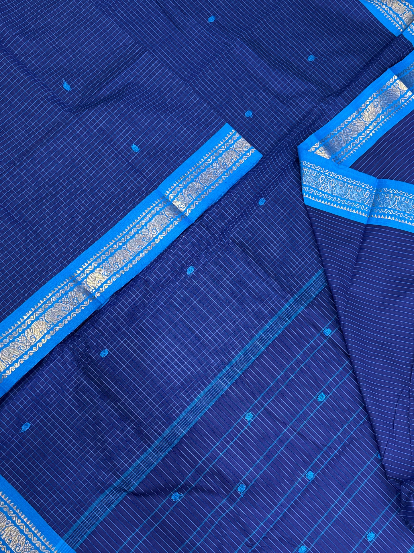 Kanchi soft cotton | royal blue X sky blue  |  tiny zari border x kattam