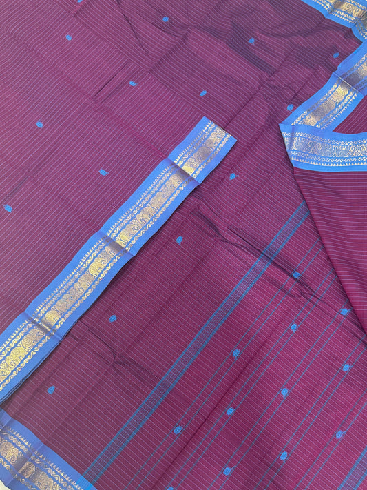 Kanchi soft cotton | dark jamun X blue  |  tiny zari border x kattam