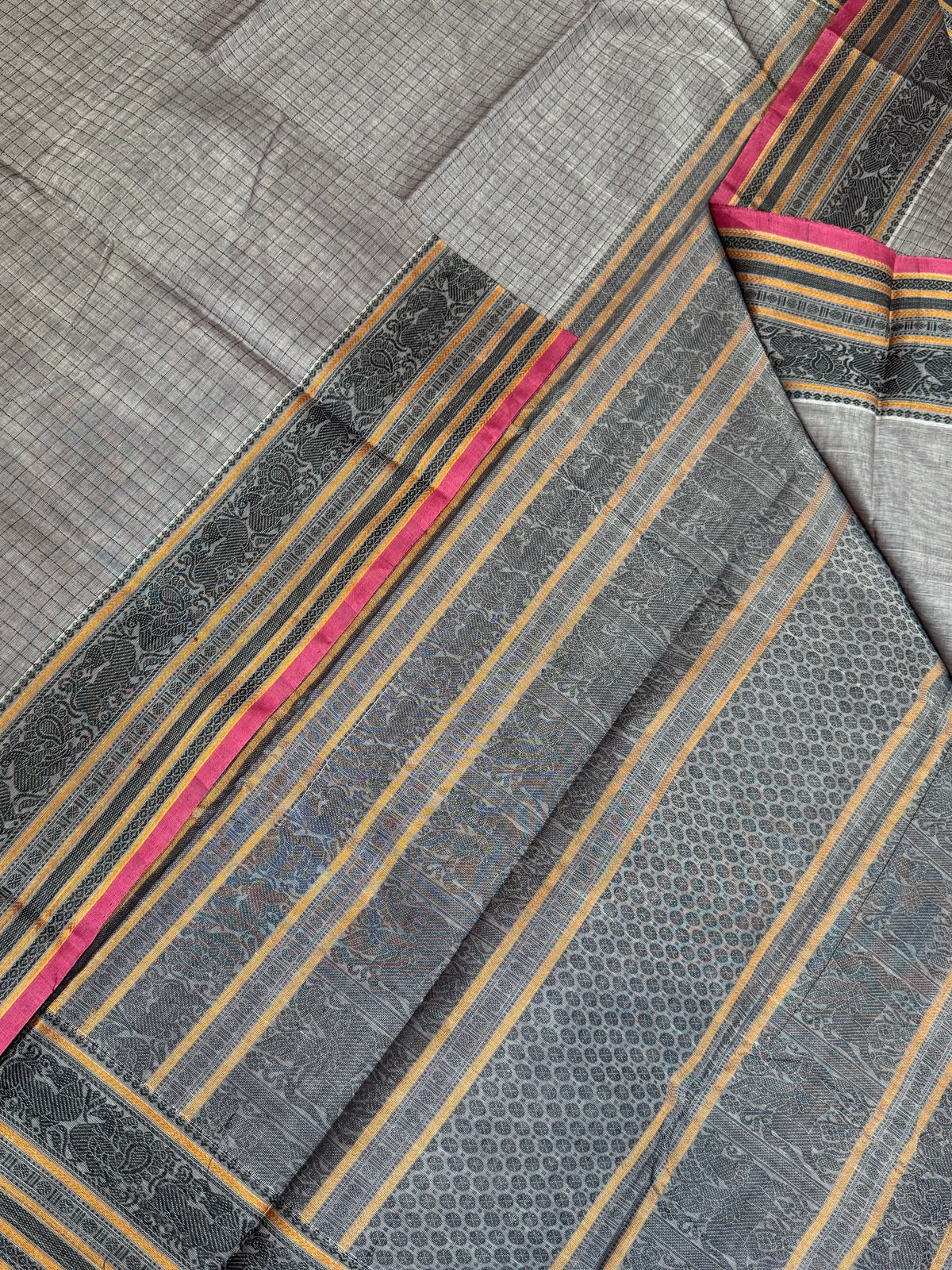Pure Handloom Kanchi rich Cotton Saree | kattam X thread woven pallu | grey x pink