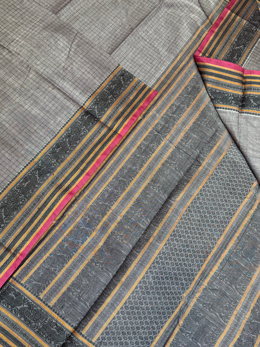 Pure Handloom Kanchi rich Cotton Saree | kattam X thread woven pallu | grey x pink