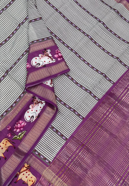 Premium Chanderi silk  | pichwai lotus x zari border | majenta pink | NKV24