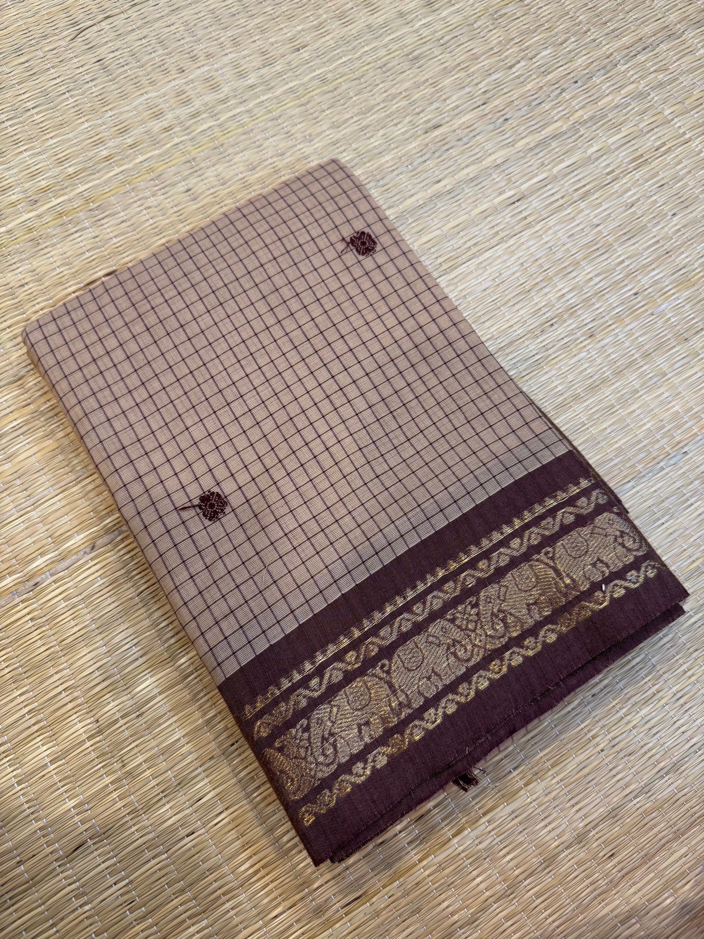 Kanchi soft cotton | beige x brown | kattam x tiny Zari  border