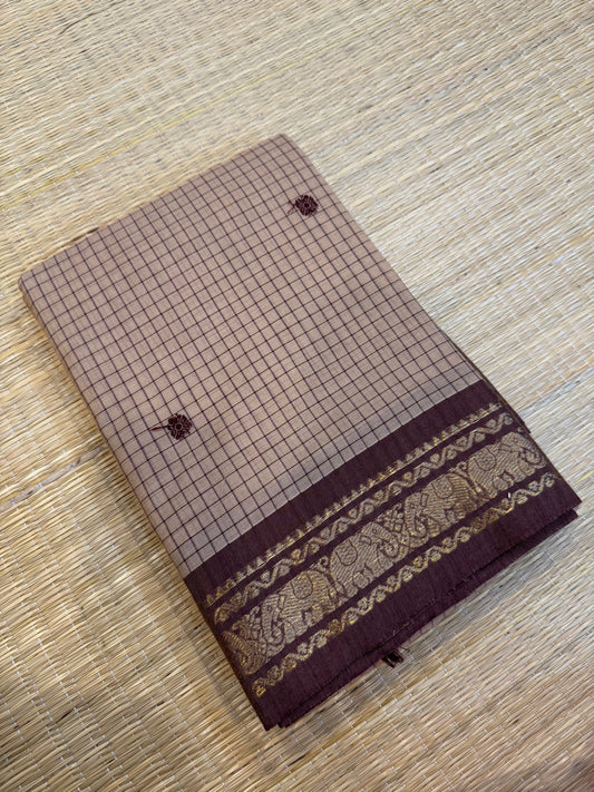 Kanchi soft cotton | beige x brown | kattam x tiny Zari  border
