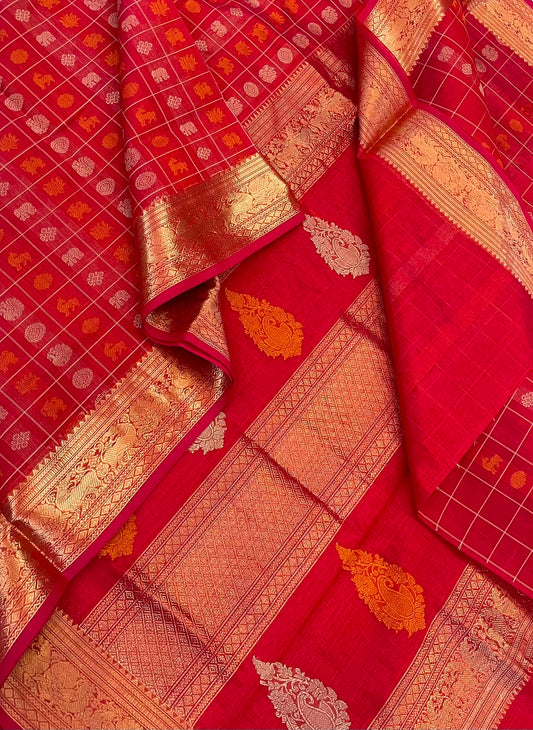 Kanchi Silk Cotton Sarees | 1000 butta  X rich zari pallu X 4 motif | red X gold