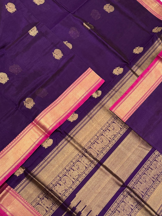 Kanchi Silk Cotton Sarees | luxury silk cotton | mayil Zari butta x Zari small border| violet X pink