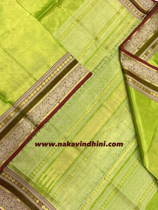 Kanchi Tissue Silk Cotton Sarees | vairaoosi X threads |green X marron | NKV100