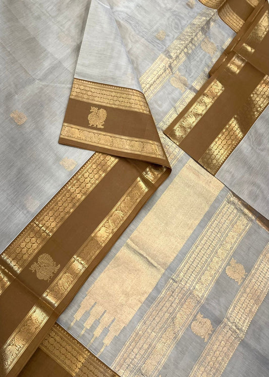 Kanchi Silk Cotton Sarees |  rich zari pallu X rettaipet zari border | creamy white X mustard