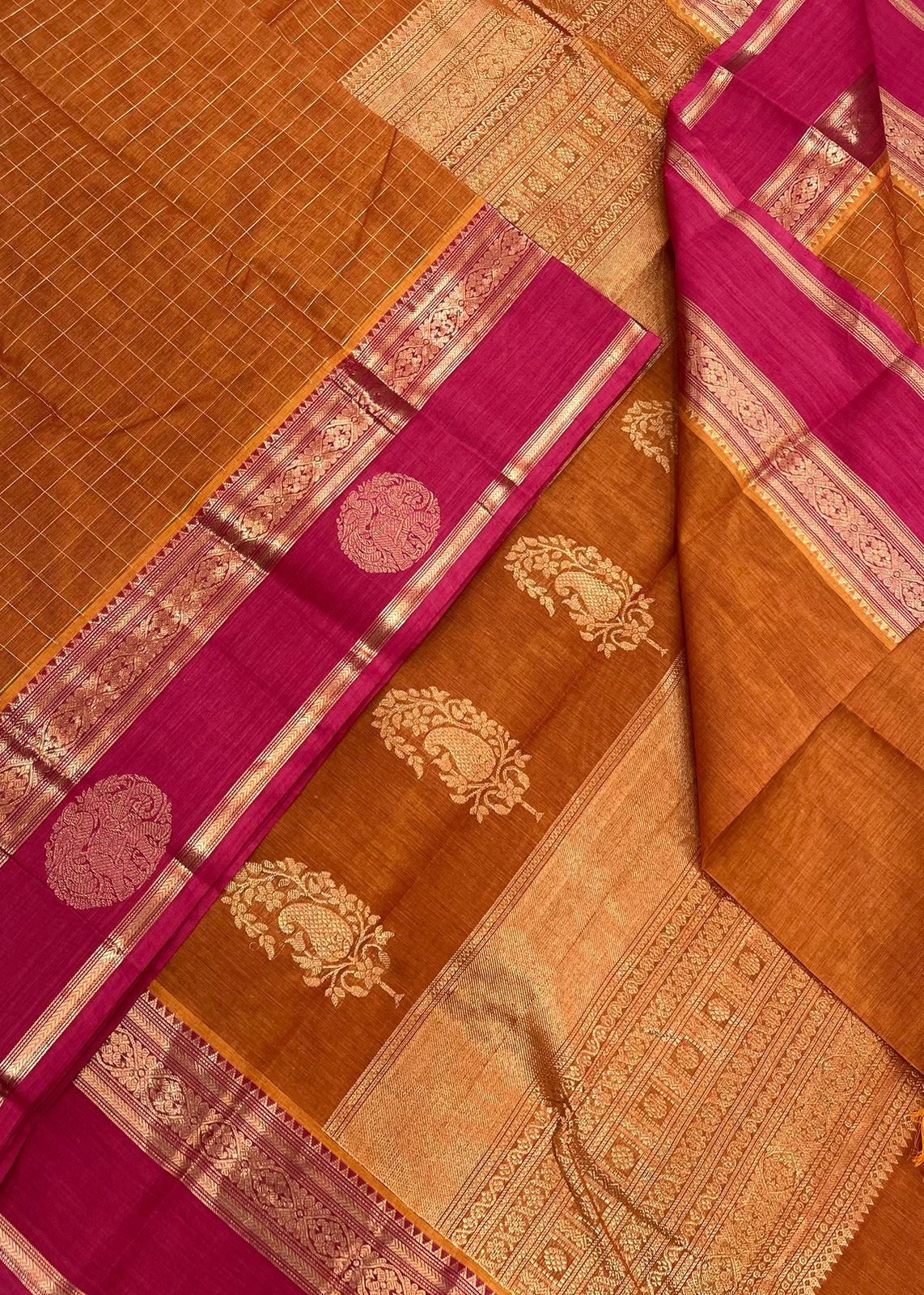 Kanchi handloom rich cotton |zari kattam butta x Yaanai x mayil | orange x pink
