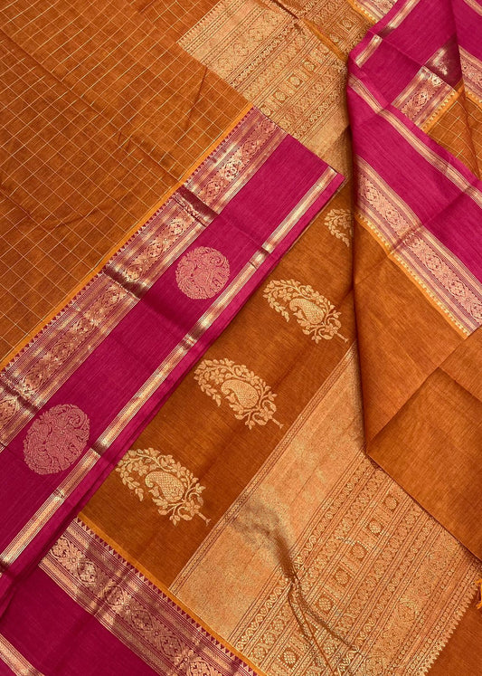 Kanchi handloom rich cotton |zari kattam butta x Yaanai x mayil | orange x pink