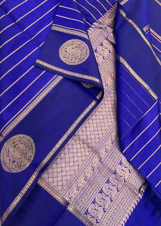 Kanchi Silk Cotton Sarees | veldhari x eruthalapakshi | royal blue X gold X yhazli | NKV31