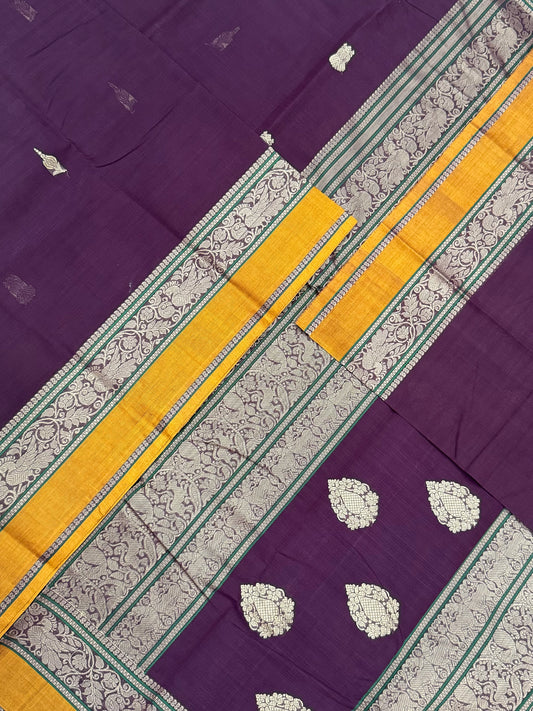 Pure Handloom Kanchi rich Cotton Saree | thread border X  eruthalapakshi butta| jamun X mustard | intricate thread woven Pallu