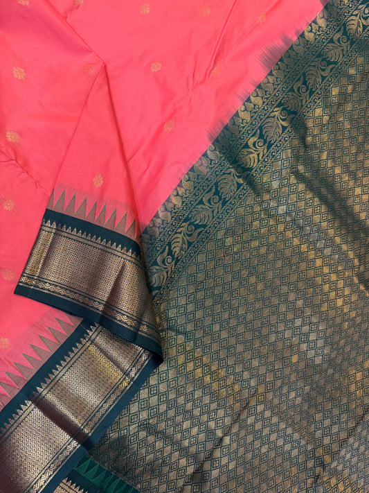 Semi Gadwal silk Sarees | peach x green | zari border | NKV11