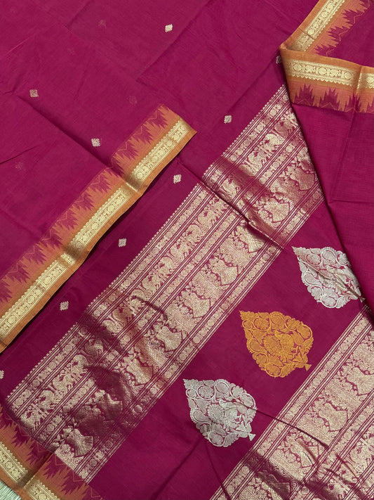 Kanchi handloom rich cotton |tiny Zari border X rich pallu | red X mustard