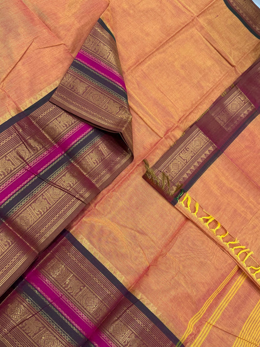Kanchi soft cotton | pastel orange X pink | long Zari border