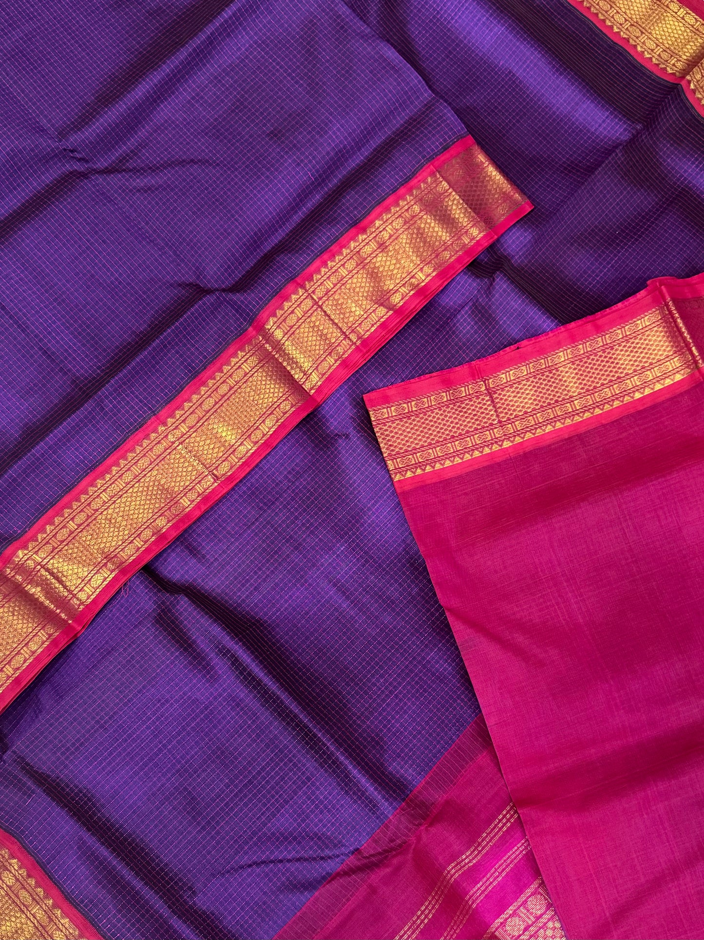 Kanchi Silk Cotton Sarees | classic | violet X Rani pink X korvai Zari border
