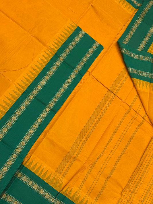 Pure Handloom Kanchi rich Cotton Saree | Manjal X green  | thread Korvai  border