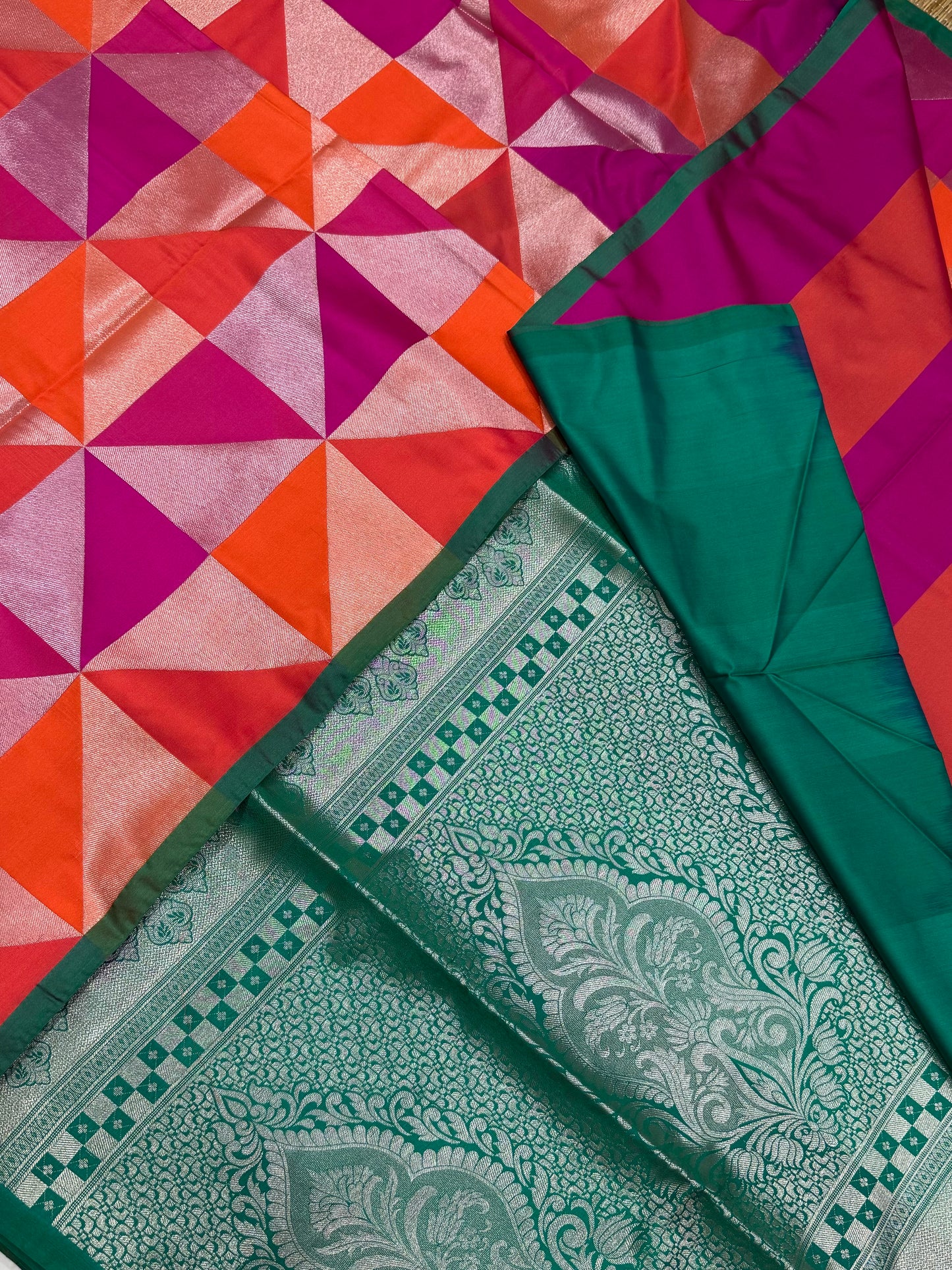 Vegan Silk Sarees Online | geometric pattern | orange X pink X green