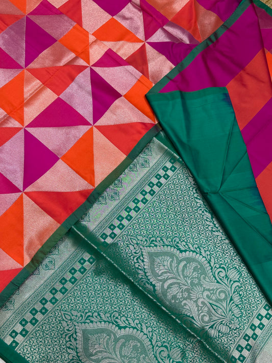 Vegan Silk Sarees Online | geometric pattern | orange X pink X green