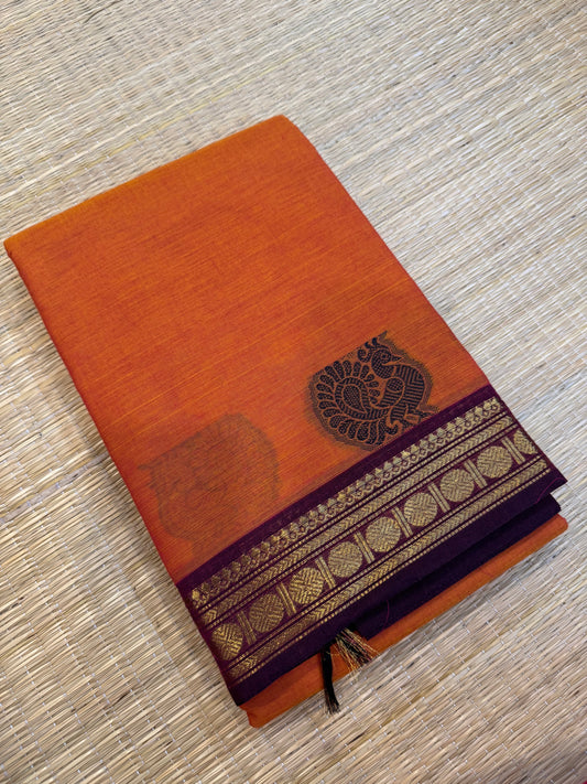 Kanchi soft cotton | orange x burgundy | mayil x tiny zari  border