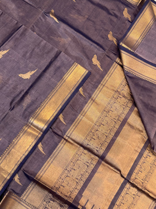Kanchi Silk Cotton Sarees | killi motifs | greyish X gold