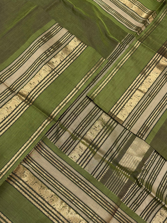 Kanchi Silk Cotton Sarees | rich pallu X mayil border | leaf green X gold