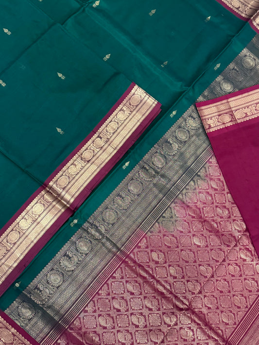 Kanchi Silk Cotton Sarees | rich zari border X tiny motif|green X marron