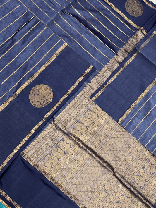 Kanchi Silk Cotton Sarees | veldhari x eruthalapakshi |  cement blue  X gold X yhazli | NKV31
