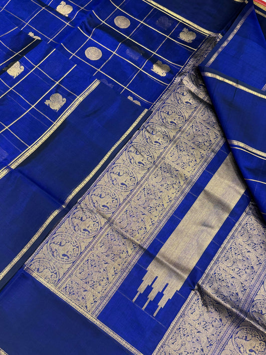 Kanchi Silk Cotton Sarees | zari mayil chakram x rettaipet border | royal blue X gold