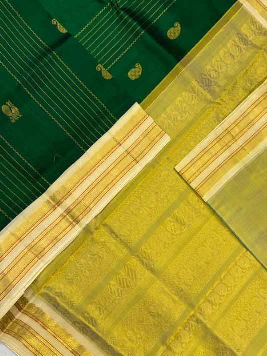 Korvai Kanchi Silk Cotton Sarees | bottle green x cream | mayil x vertical lines | NKV31