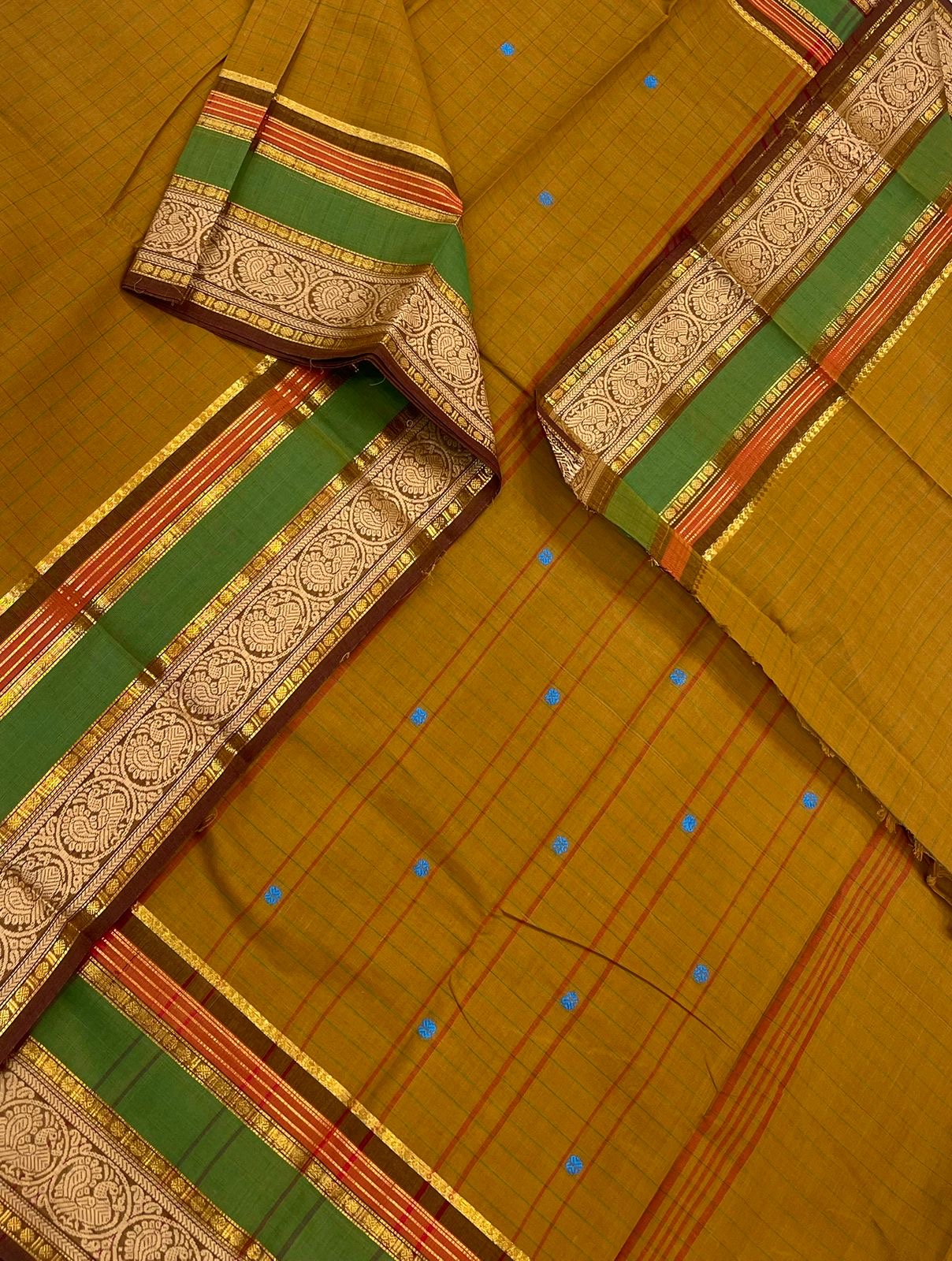 Kanchi soft cotton | mustard X green | kattam X Zari border
