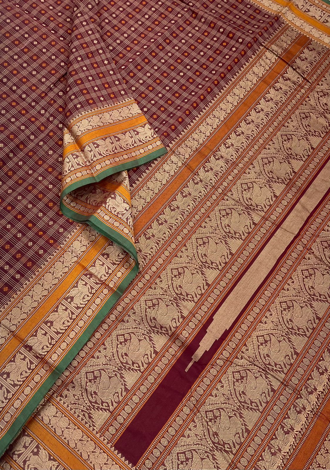 Pure Handloom Kanchi rich Cotton Saree | kattam X threads | dark brown X mustard | unicorn